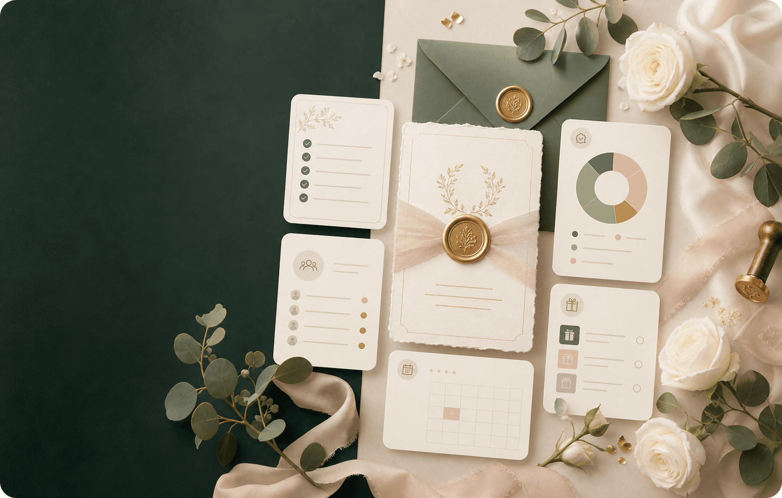 Organização elegante do casamento com convite, checklist e orçamento
